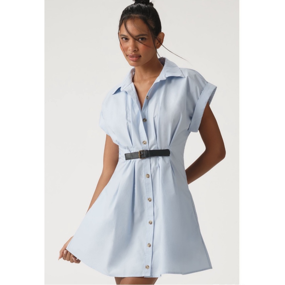 Anthropologie Short Sleeve Belted Shirt Dress Blue XL New With Tags
